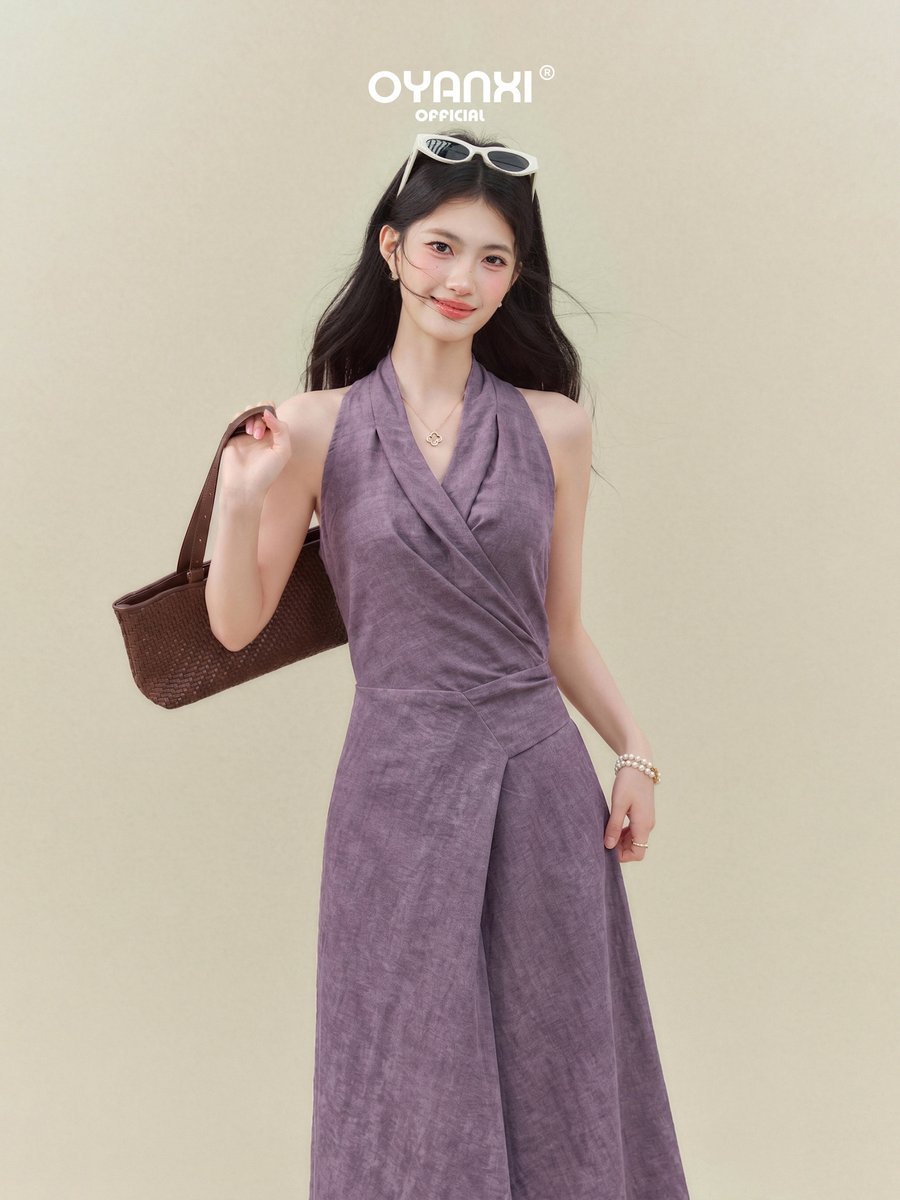OYANXI ホルターネック Vネック ノースリーブ ロングワンピース