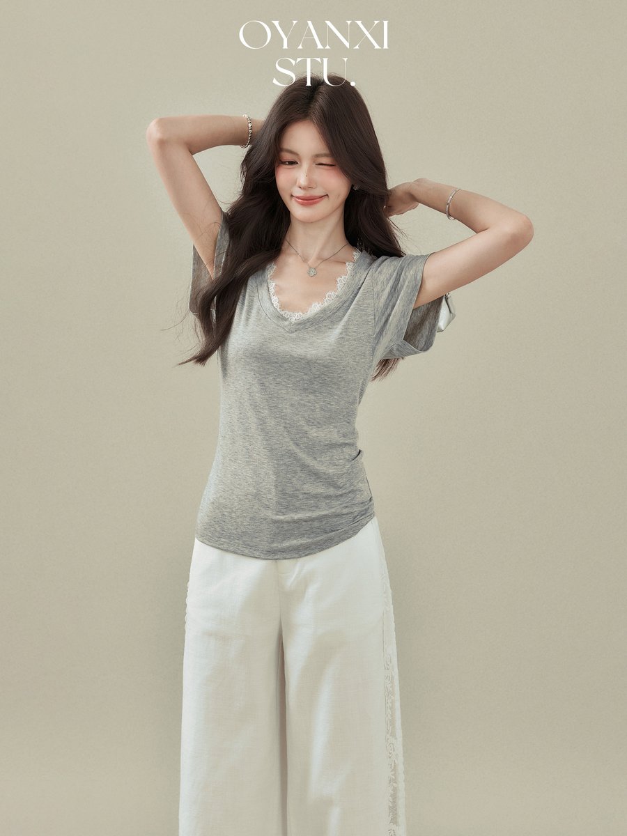 OYANXI レース切り替え Vネック 半袖Tシャツ グレー