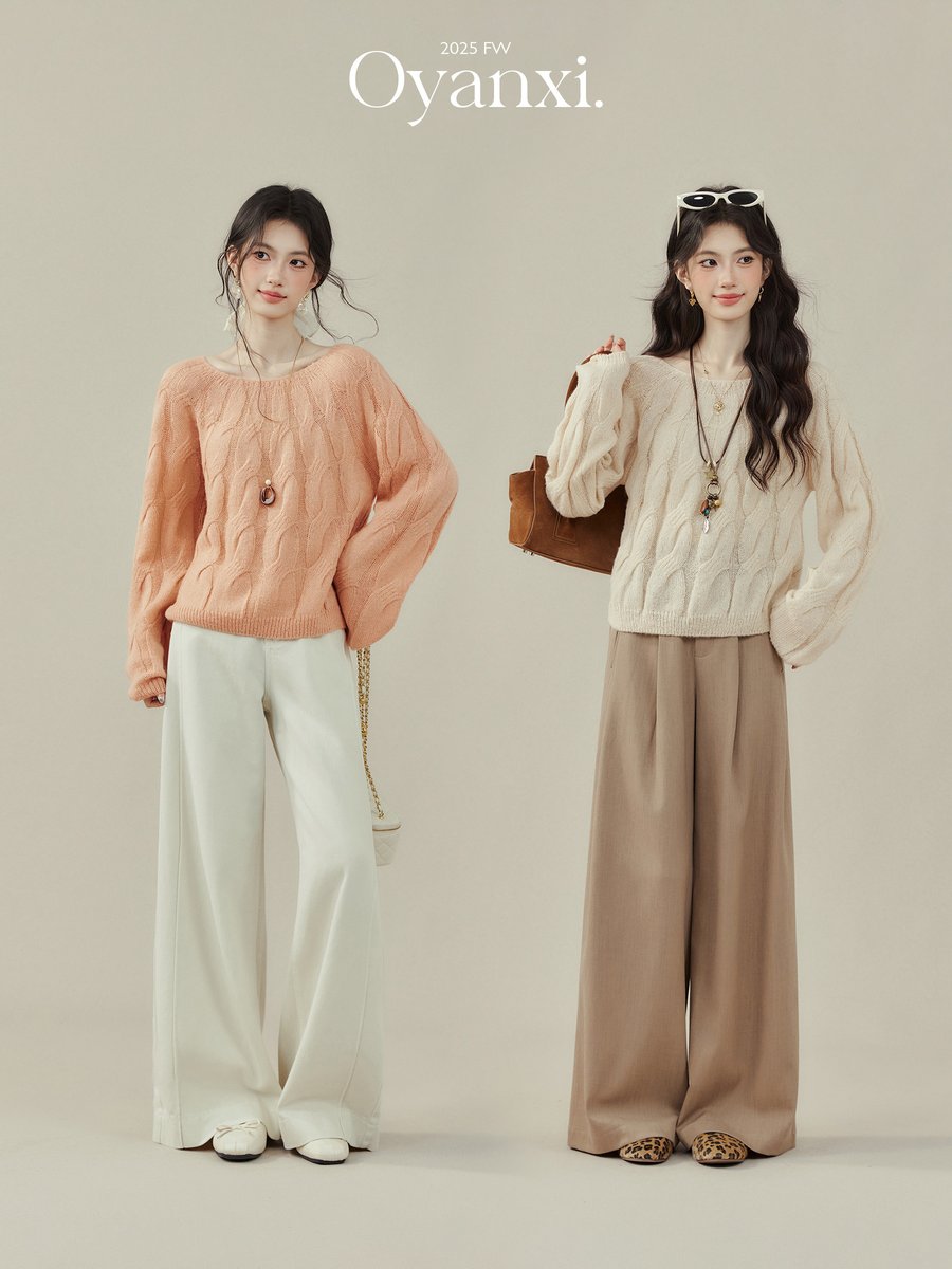 OYANXI 透かし編み クルーネック プルオーバーニット