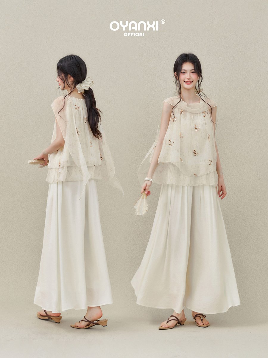 OYANXI 小花柄 ナチュラル ノースリーブトップス