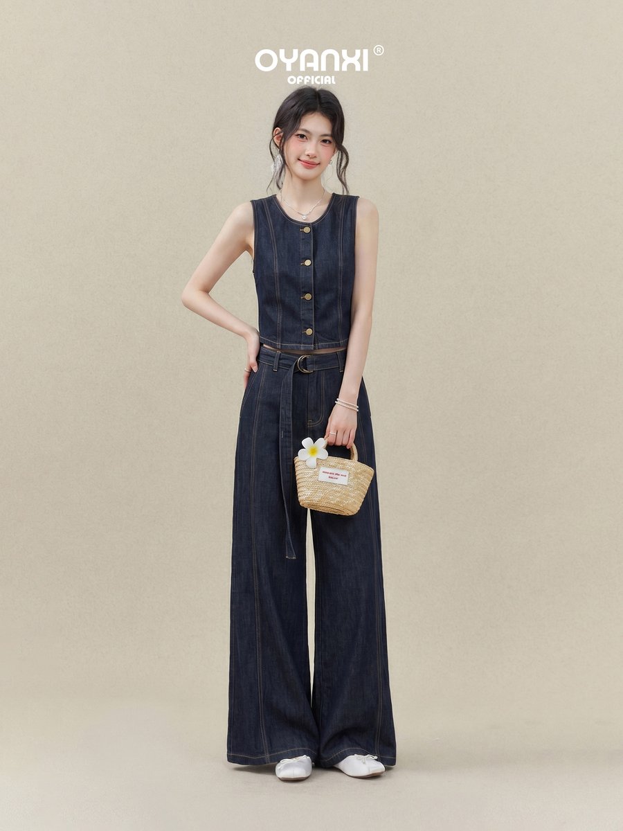 OYANXI レトロデニム ノースリーブベスト＆ワイドパンツ セットアップ