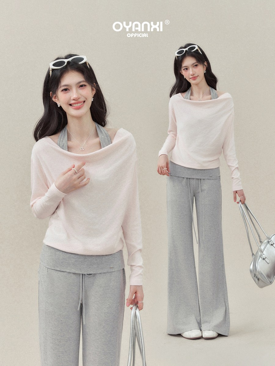 OYANXI ドレープネック フェイクレイヤードTシャツ＆パンツ セットアップ