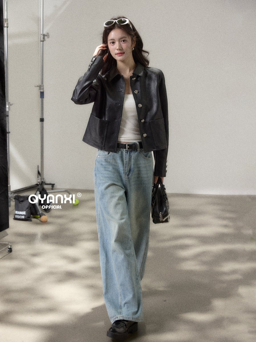 OYANXI 折り襟 ショート丈 レザー調ジャケット