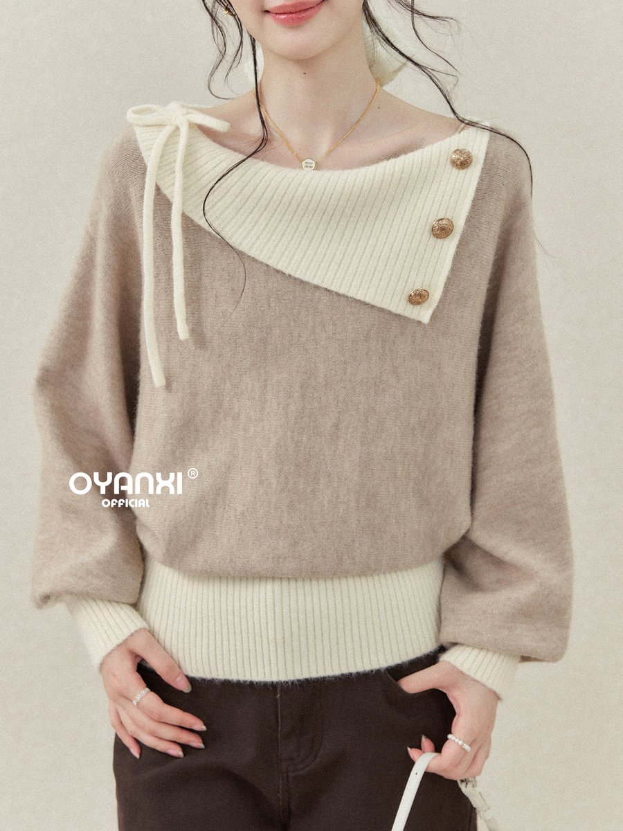 OYANXI 配色切り替え 襟付き ニットセーター