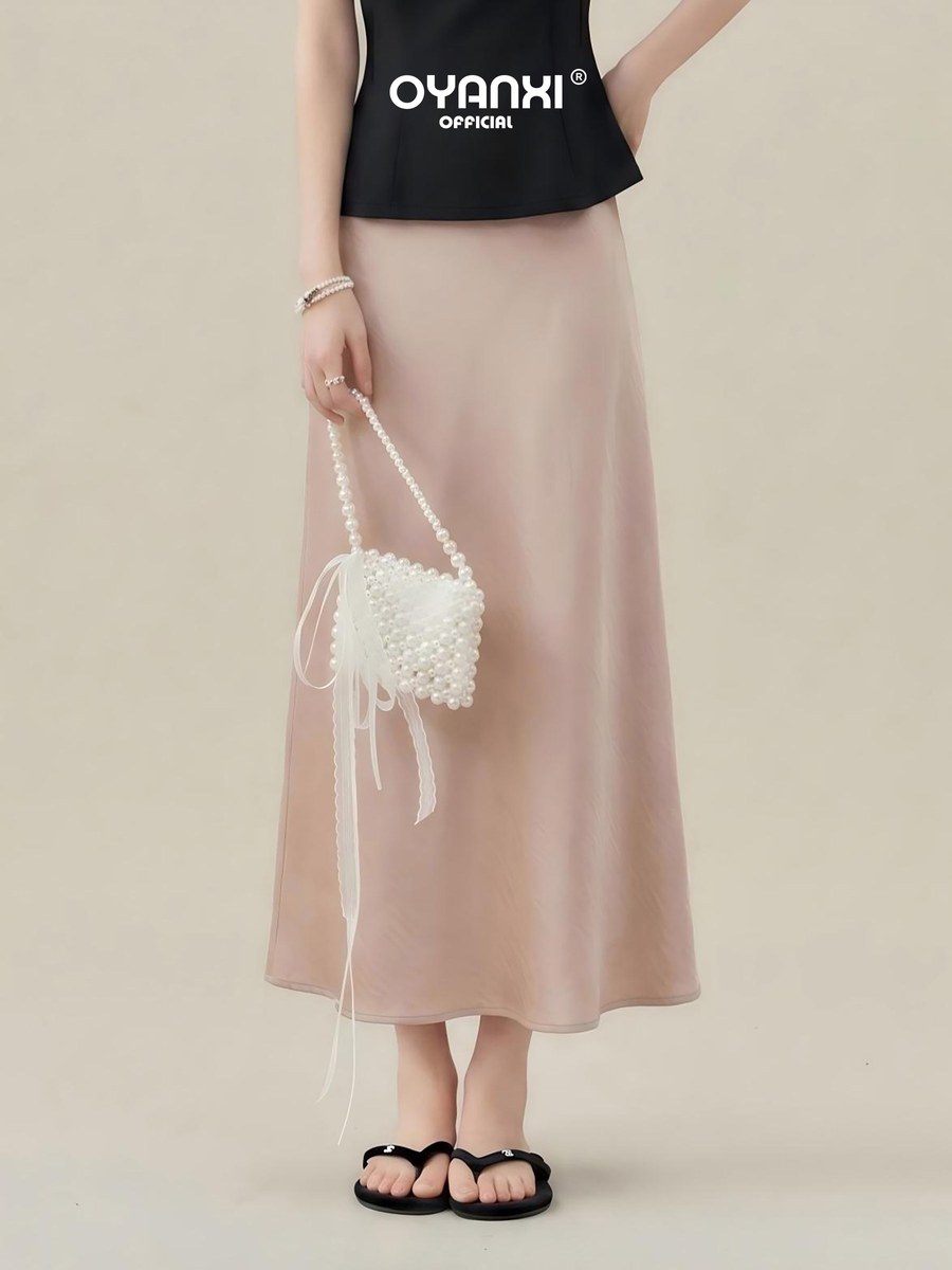 OYANXI サテン調 ハイウエスト Aラインロングスカート