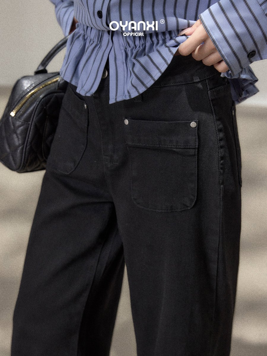 OYANXI レトロ セミフレア ロング丈デニムパンツ