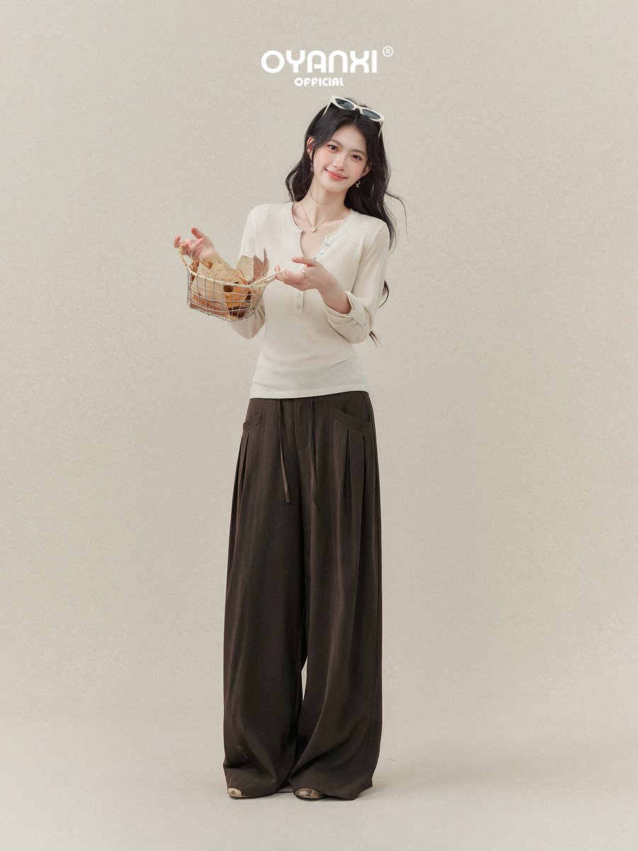 OYANXI タック入り ハイウエスト とろみ ロング丈ワイドパンツ