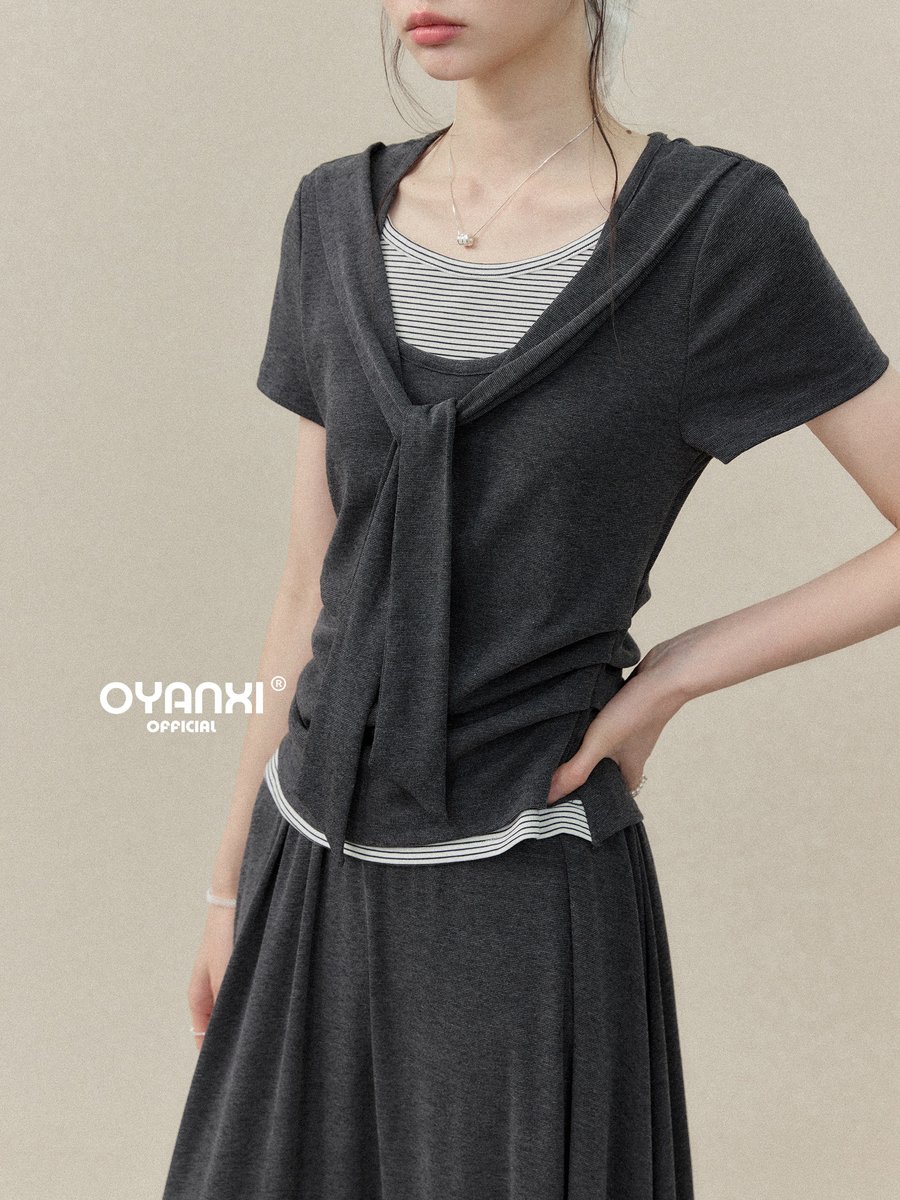 OYANXI フェイクレイヤード 半袖トップス＆スカート セットアップ