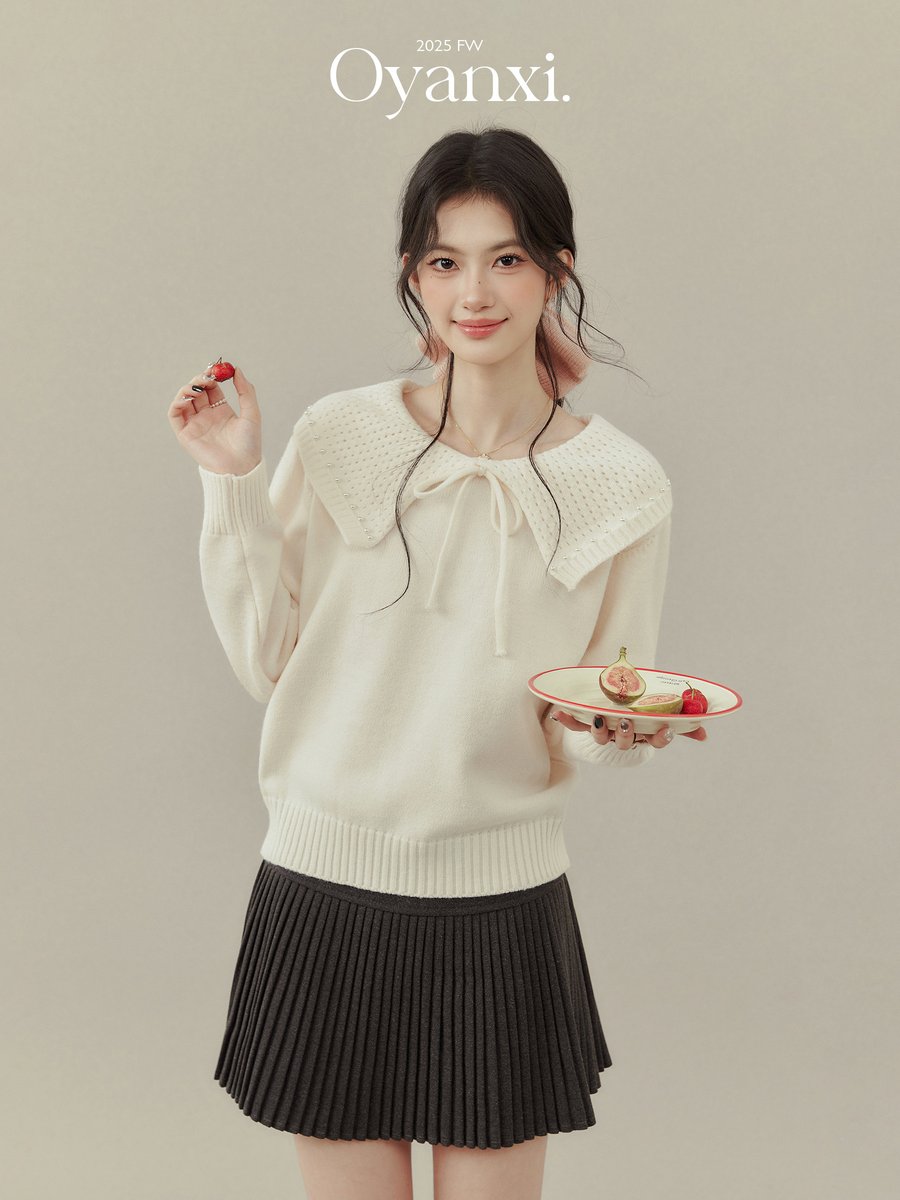 OYANXI 襟付き 透かし編み リボンタイ プルオーバーニット