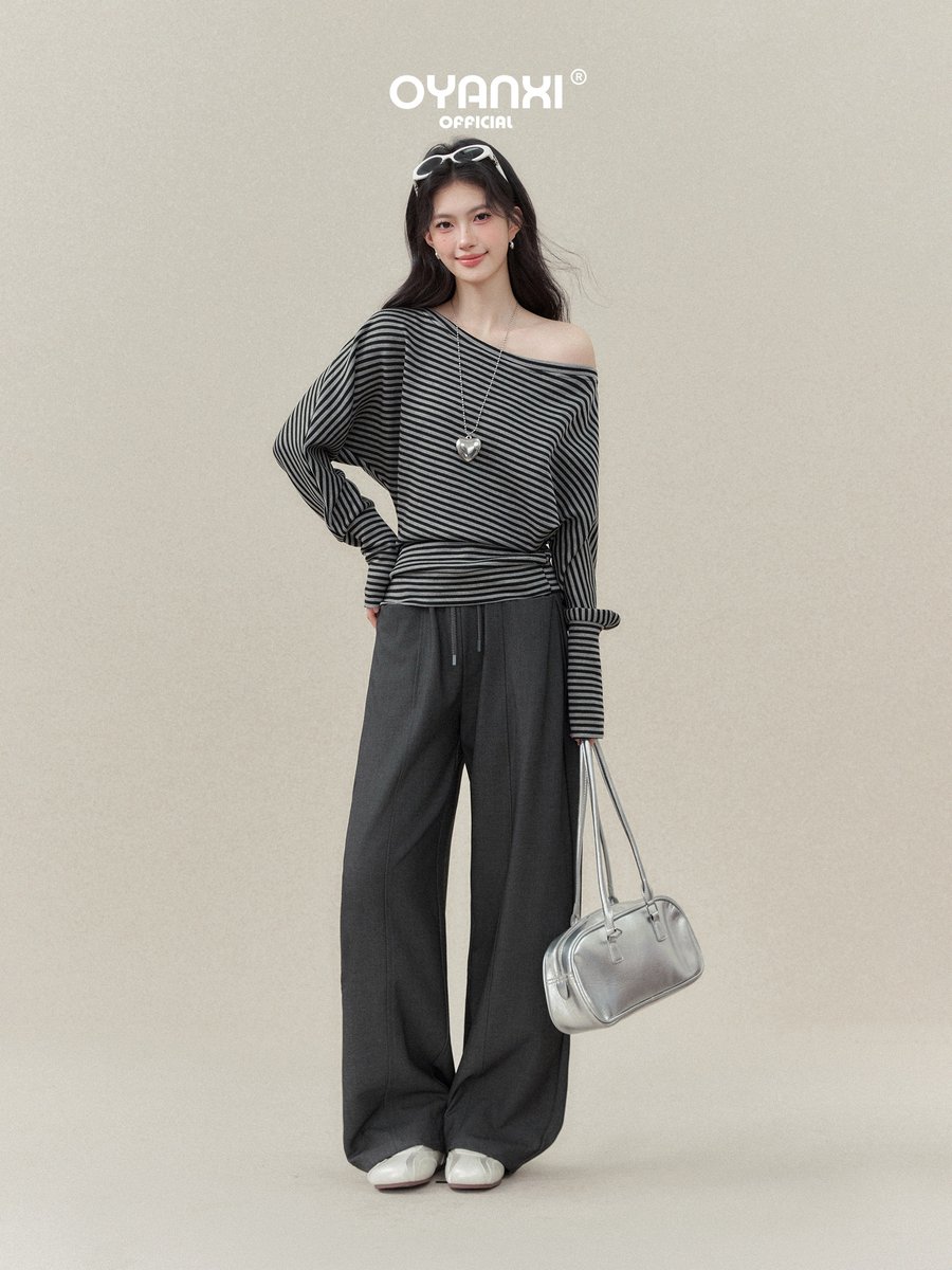 OYANXI ボーダー アシンメトリーネック 長袖Tシャツ