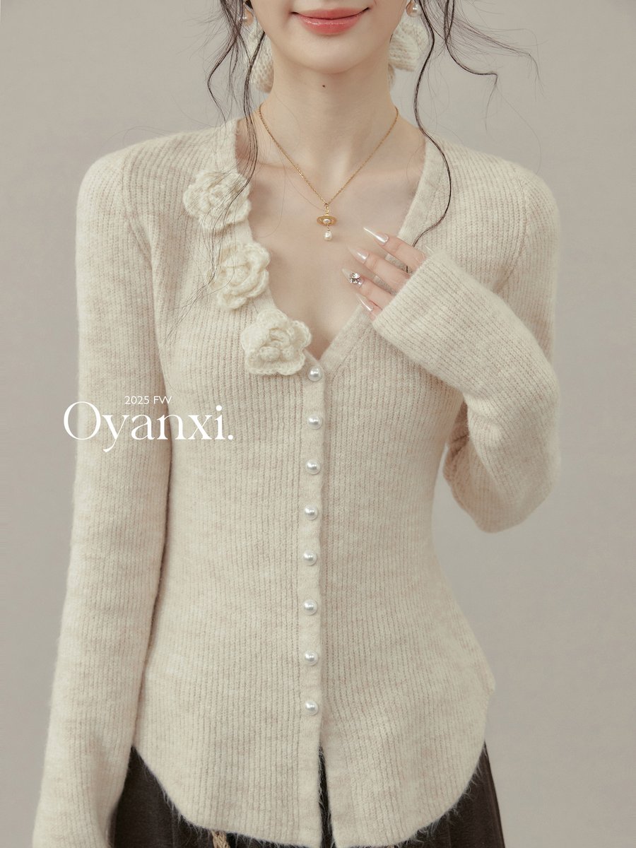 OYANXI 立体フラワー Vネック ニットカーディガン