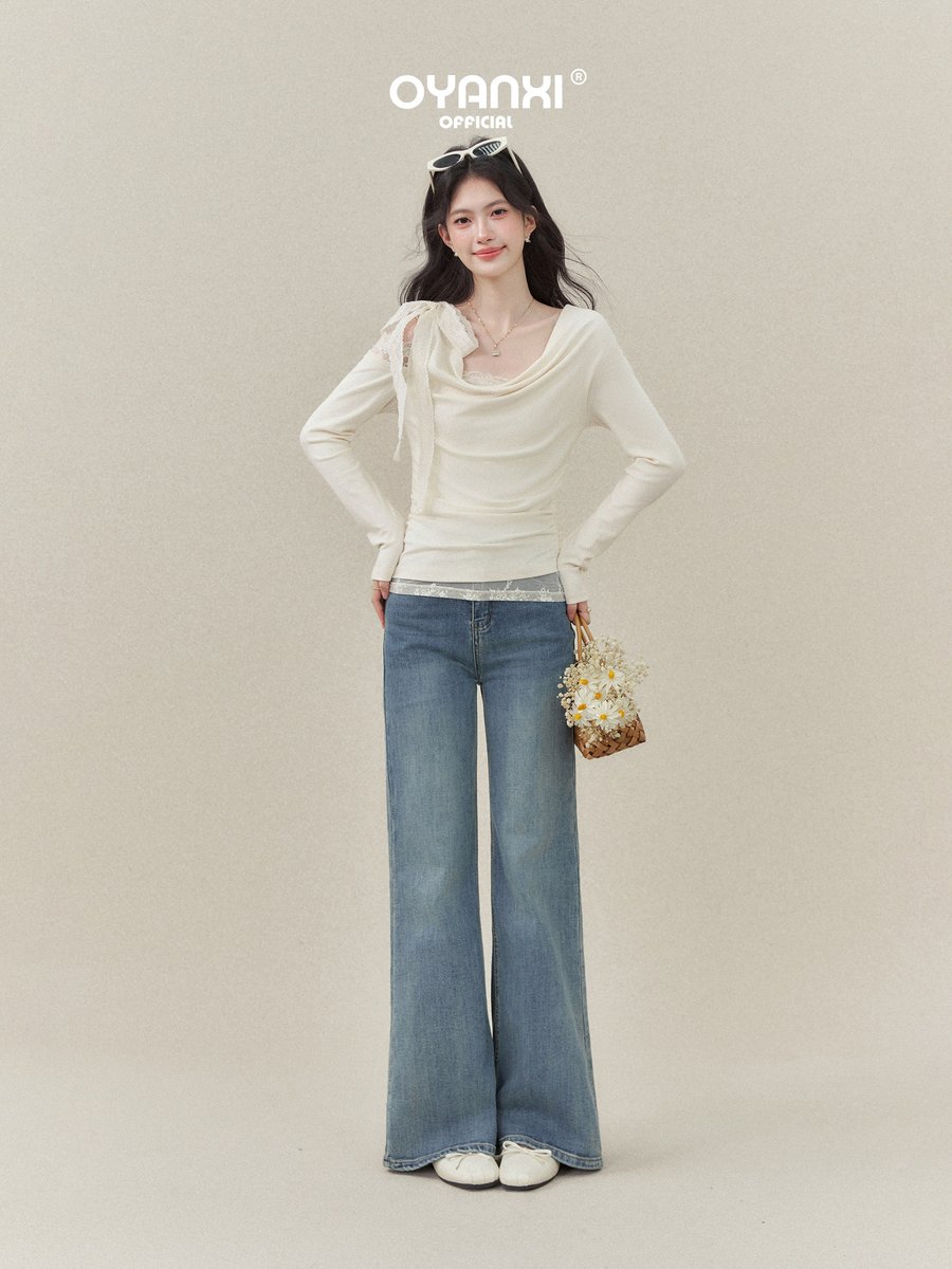 OYANXI レース ワンショルダー ドレープネック 長袖Tシャツ