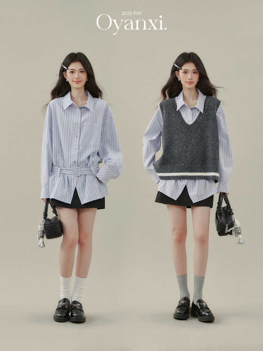OYANXI ストライプ ゆったり 長袖シャツ ブルー