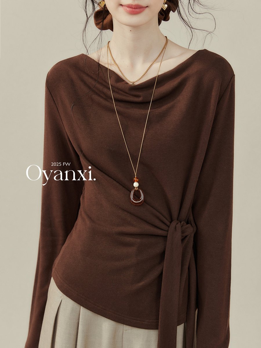 OYANXI ドレープネック リボン 長袖Tシャツ