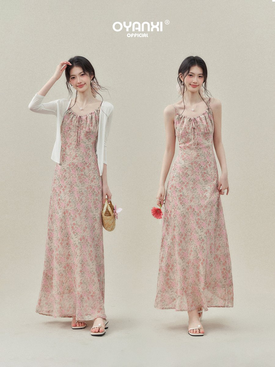 OYANXI 小花柄 キャミソール ウエストシェイプ ロングワンピース