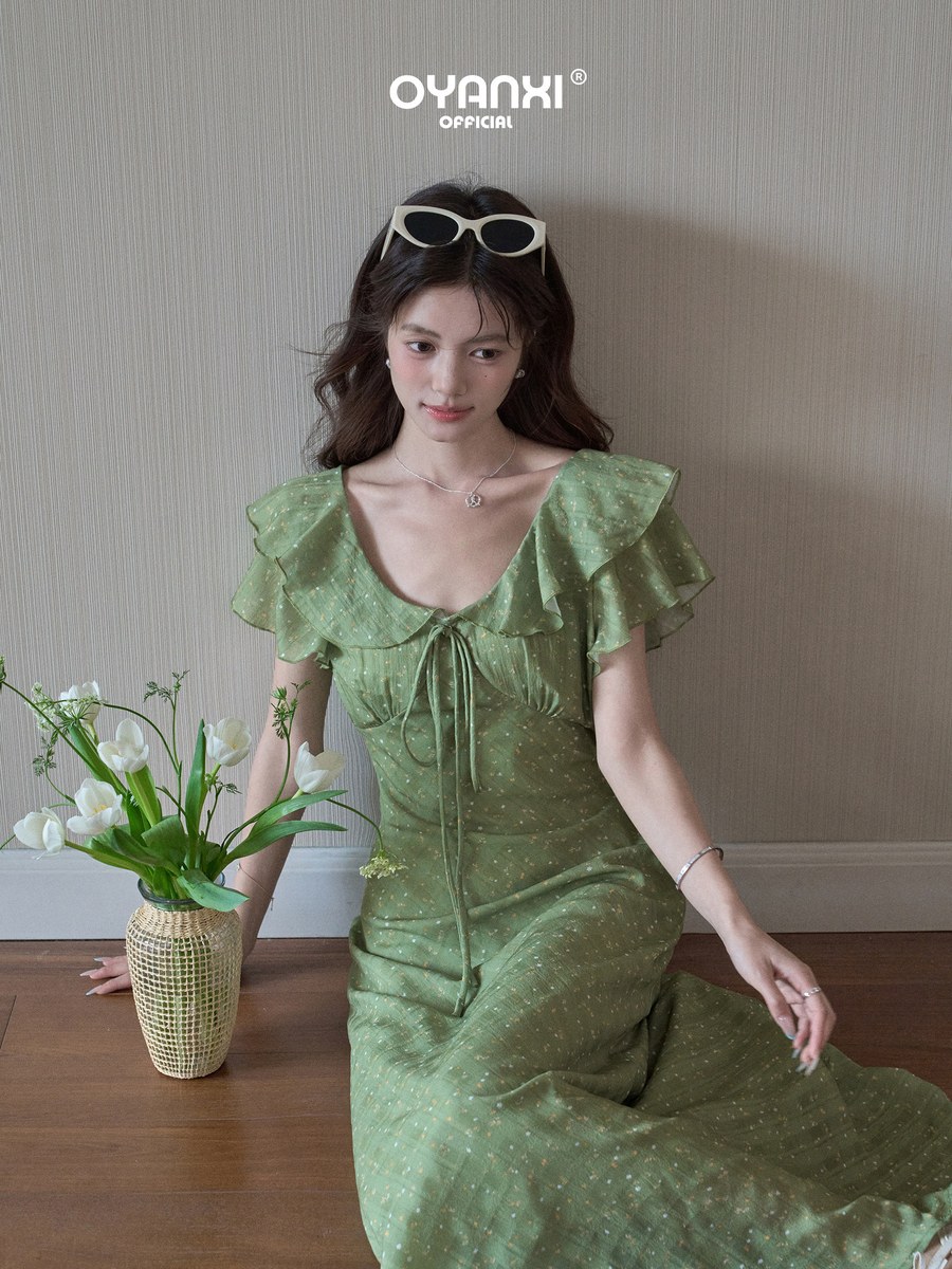 OYANXI 小花柄 Vネック フリルスリーブ ロングワンピース