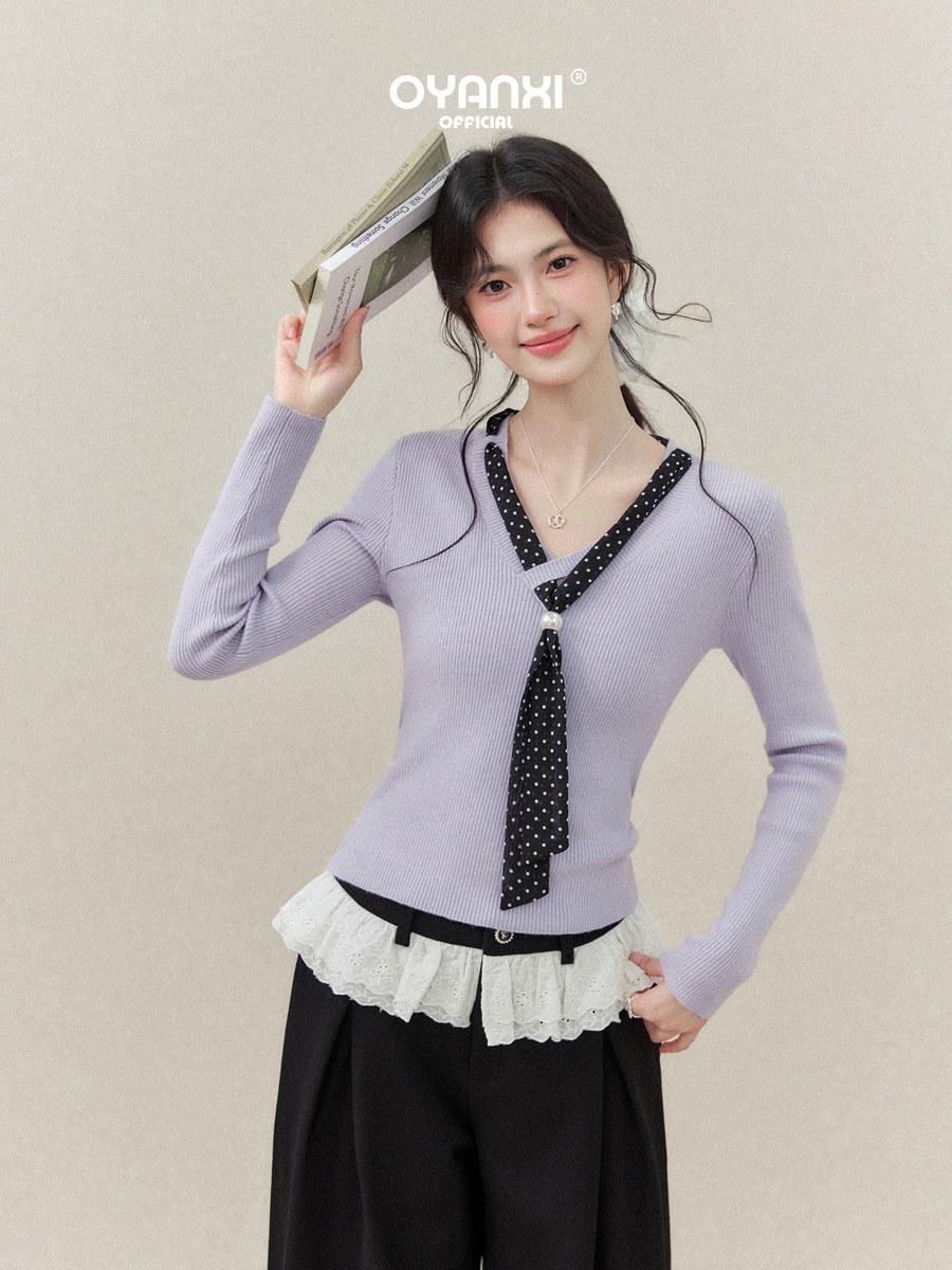 OYANXI 配色 Vネックニット ドットスカーフ付き