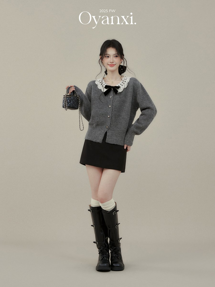 OYANXI 丸襟 クロシェ リボン ニットカーディガン