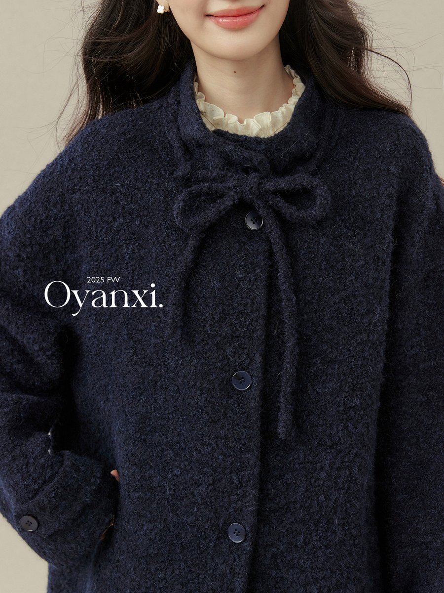 OYANXI リボンタイ ショート丈 ウール調コート