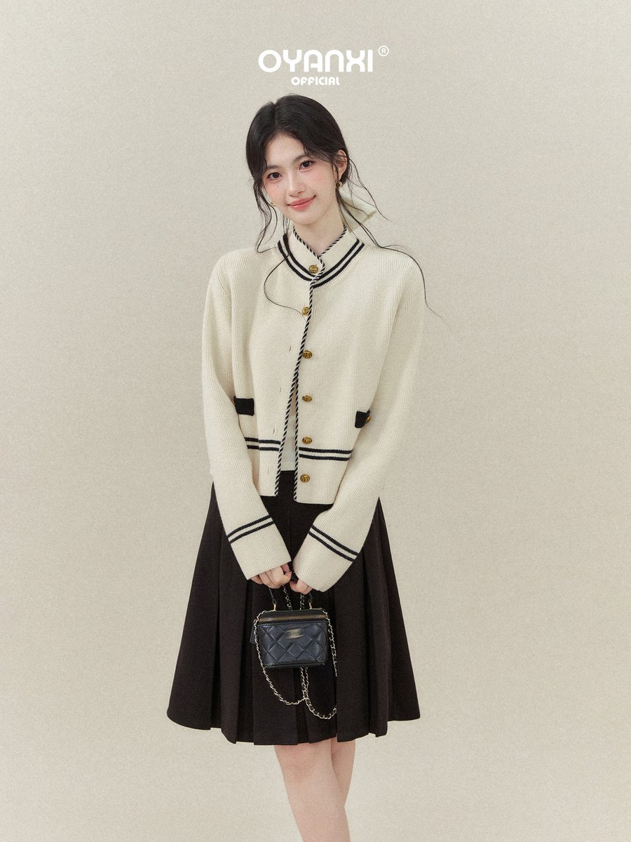 OYANXI スタンドカラー ストライプ 長袖ニットカーディガン
