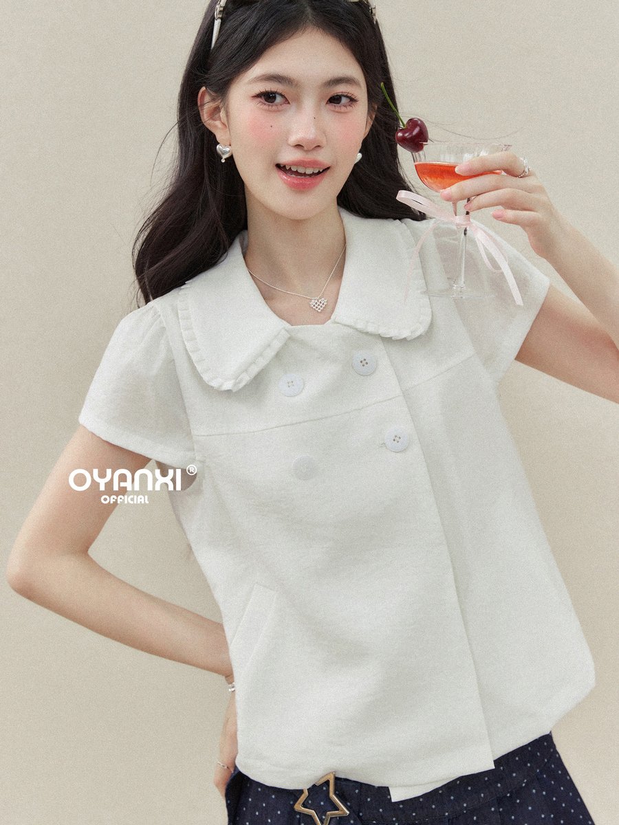 OYANXI 重ね襟 丸ボタン パフスリーブ 半袖シャツ
