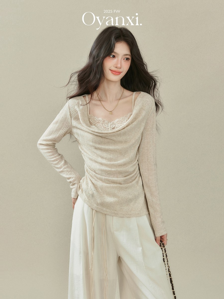 OYANXI ドレープネック レース ニット長袖Tシャツ