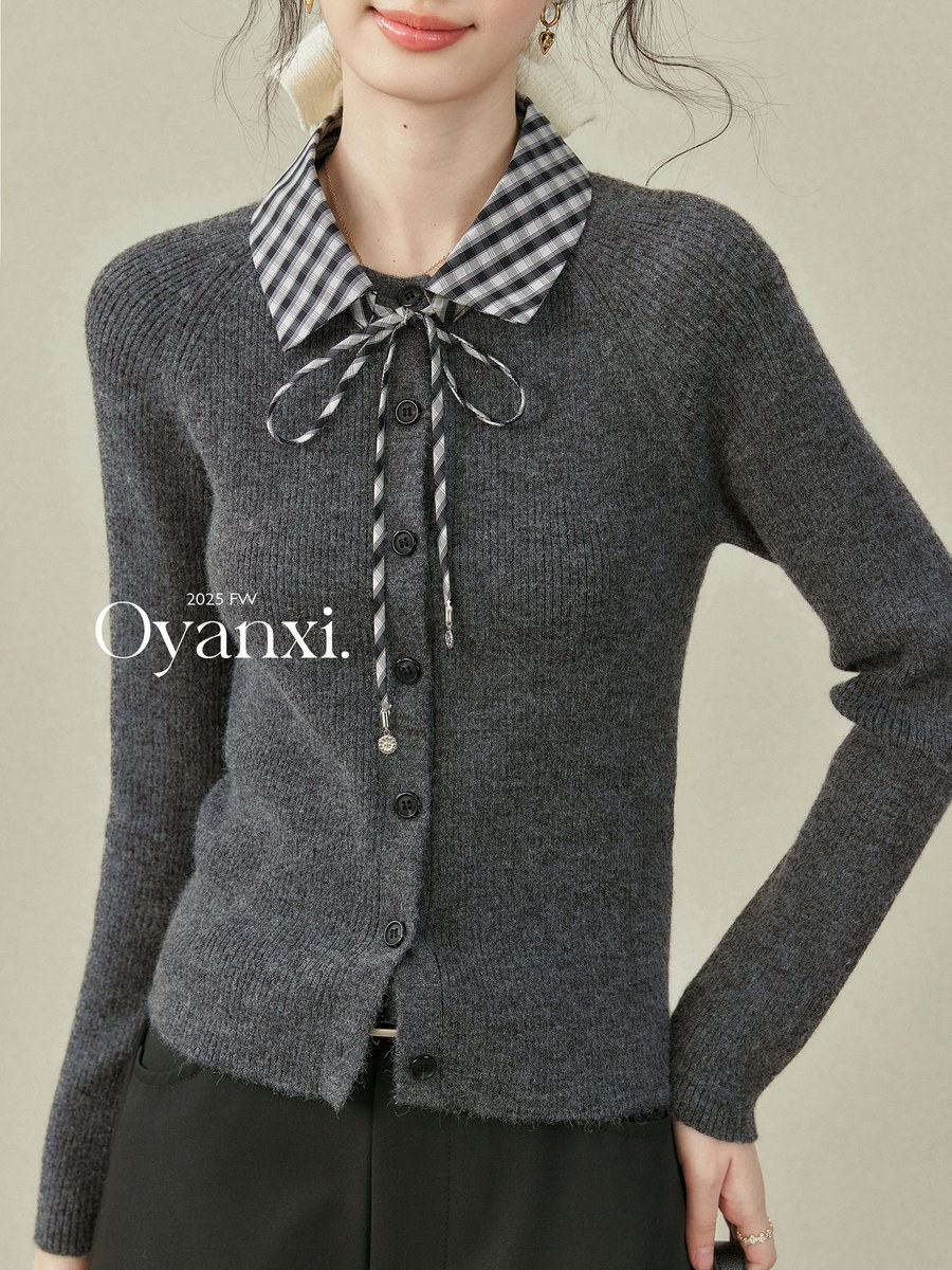 OYANXI 襟付き フェイクレイヤード ニットカーディガン