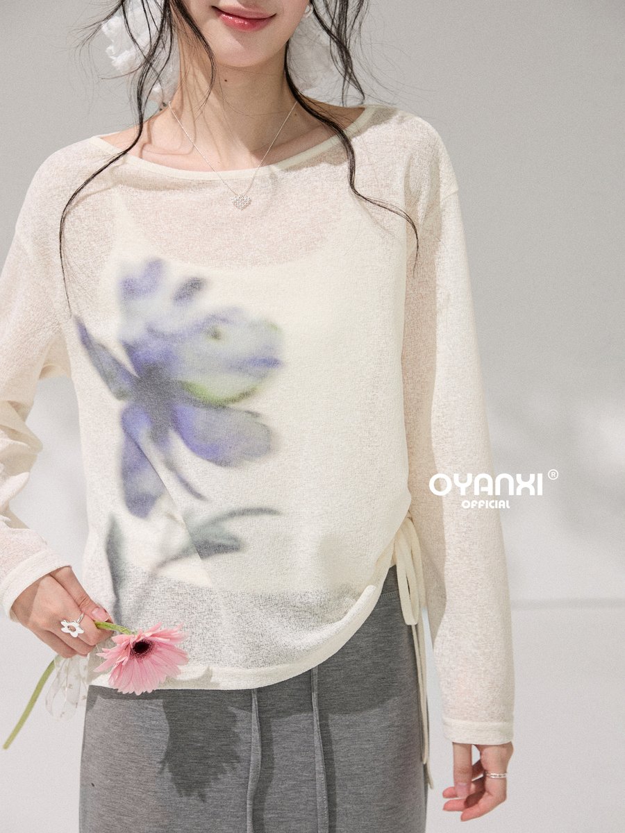 OYANXI ボタニカルプリント クルーネック 長袖カバーアップTシャツ