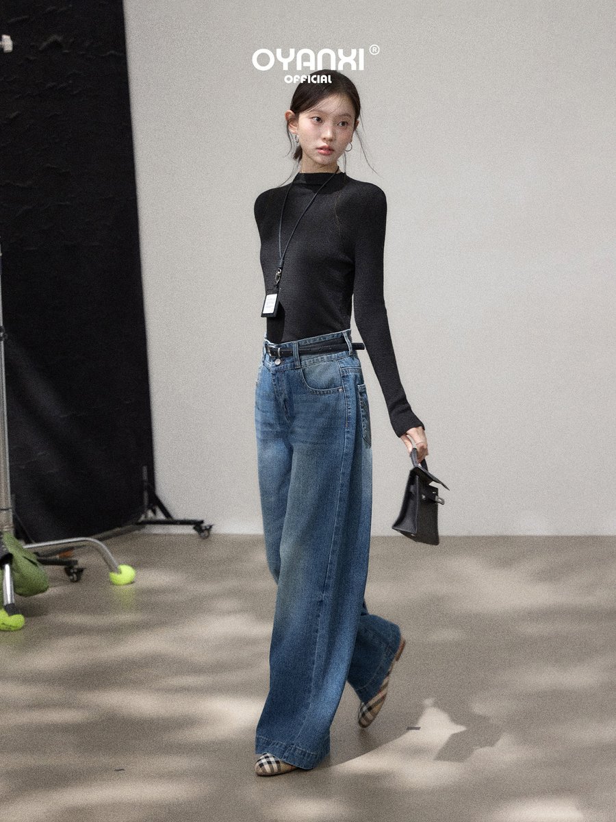 OYANXI ヴィンテージブルー ウォッシュ ハイウエスト ワイドデニムパンツ