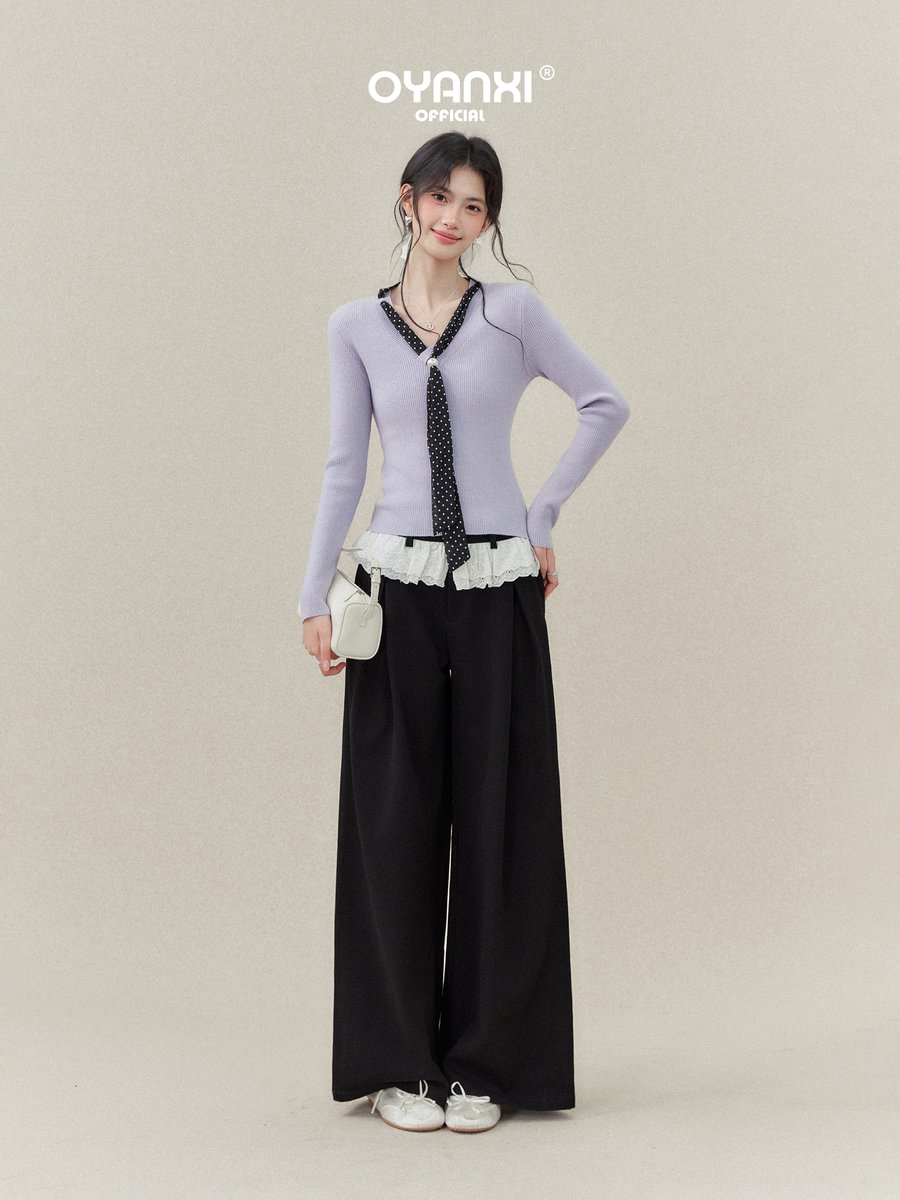 OYANXI 配色 Vネックニット ドットスカーフ付き