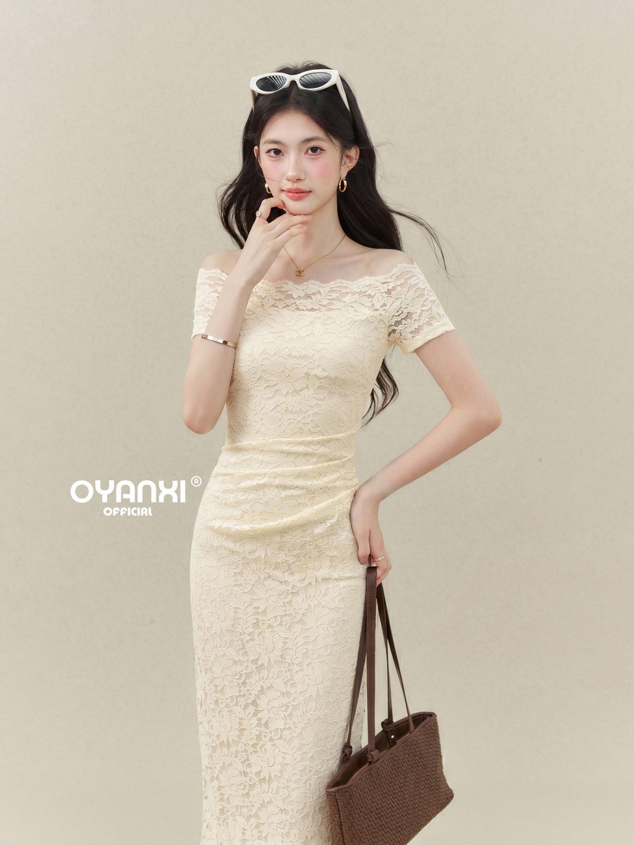 OYANXI レース オフショルダー ウエストシェイプ 半袖ワンピース