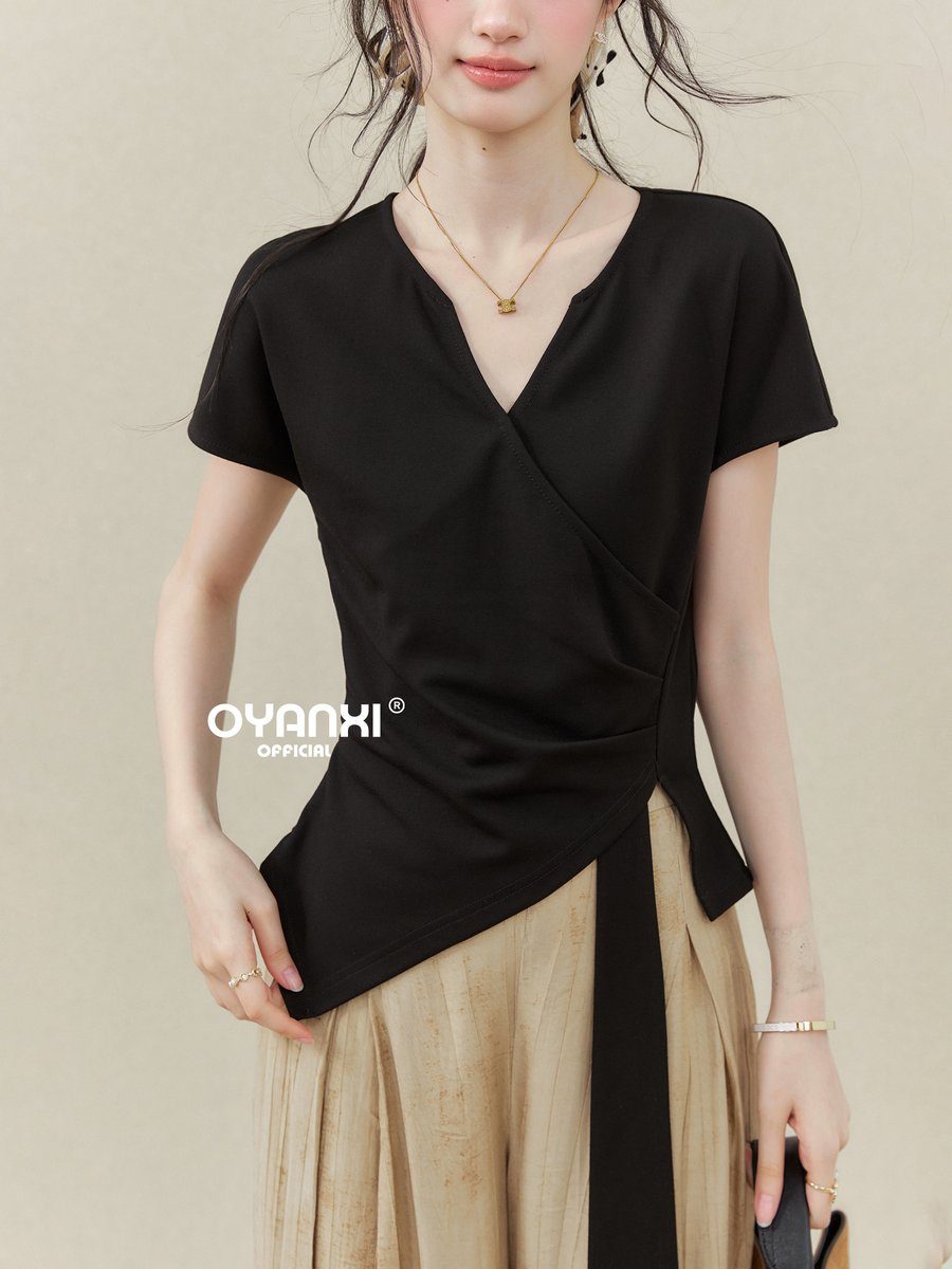 OYANXI アシンメトリーヘム Vネック 半袖Tシャツ