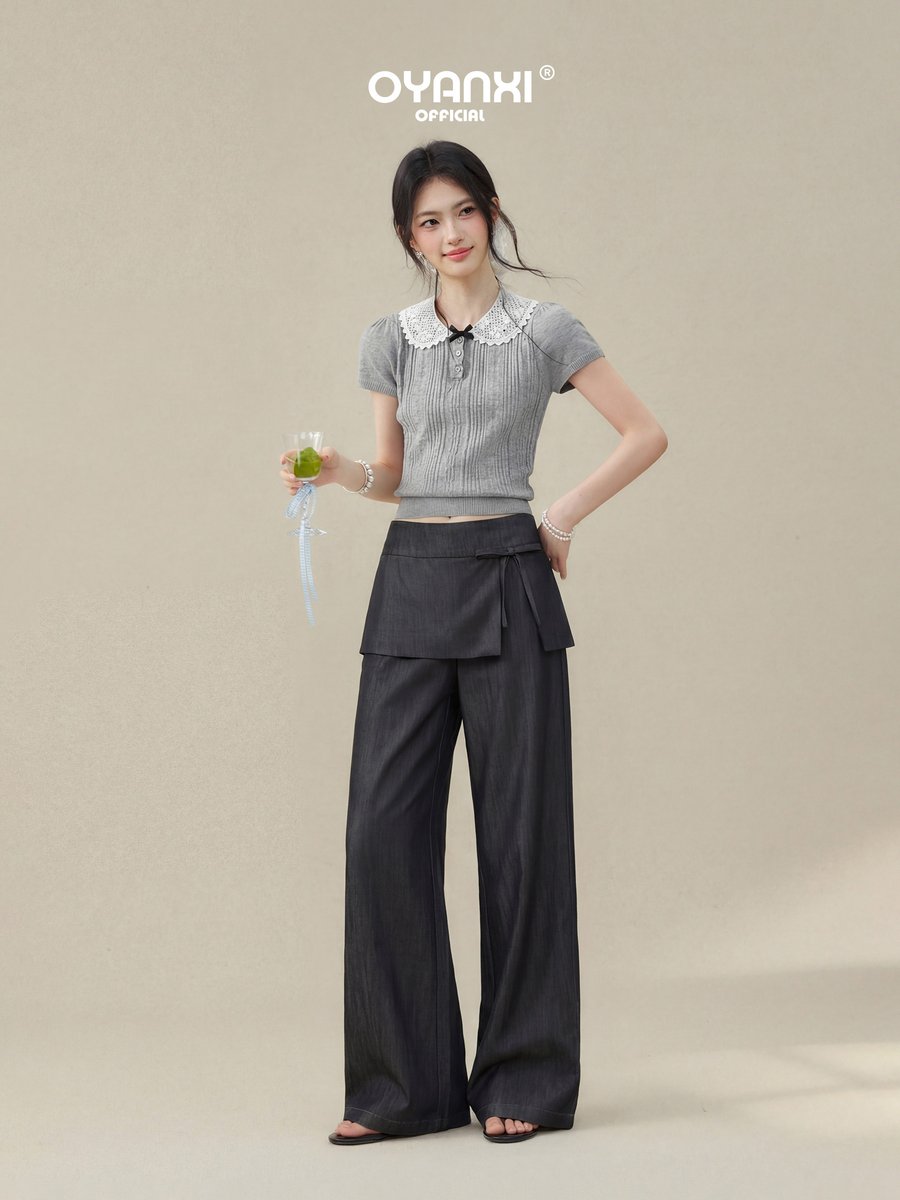 OYANXI エプロン風 フェイクレイヤード ワイドパンツ