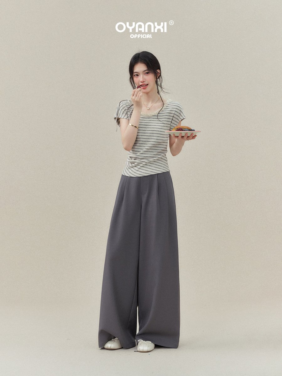 OYANXI ストライプ レーストリム クルーネック 半袖Tシャツ