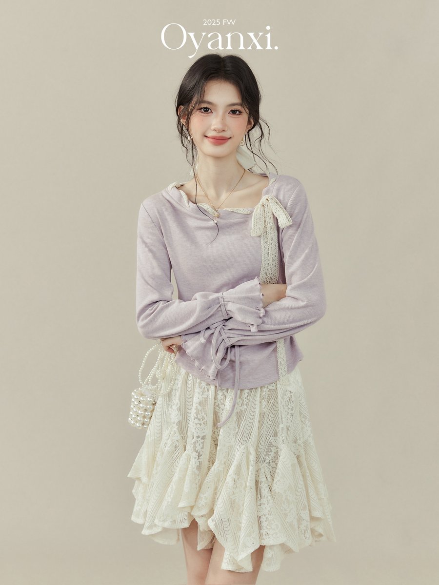 OYANXI リボン フレアスリーブ 長袖Tシャツ パープル