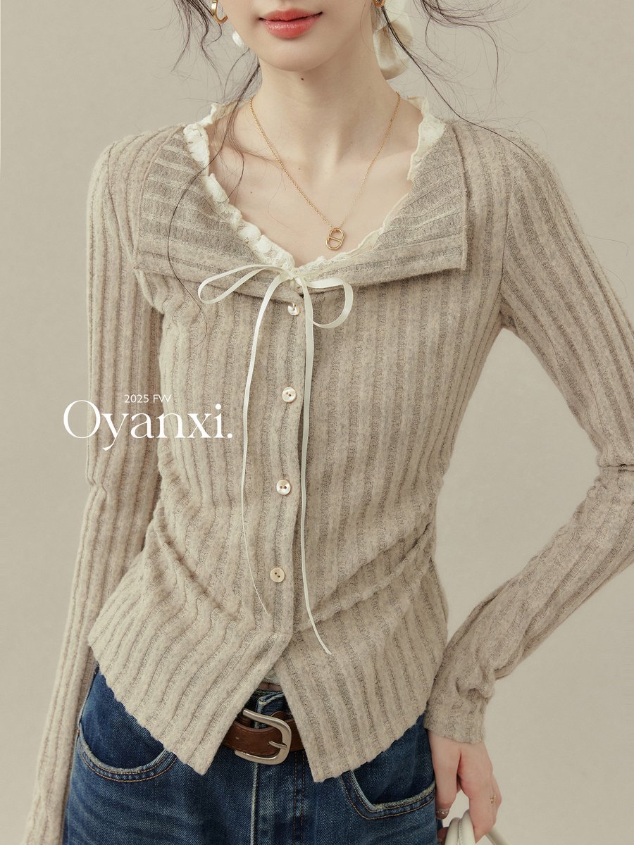 OYANXI レース重ね風 カーキ 長袖カットソー