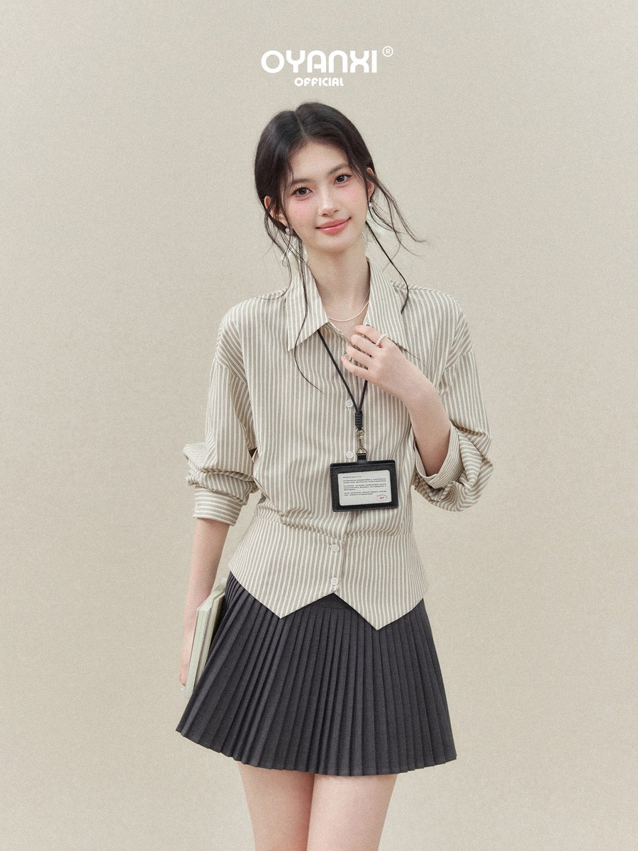 OYANXI ストライプ ボウタイ ウエストシェイプ シャツ