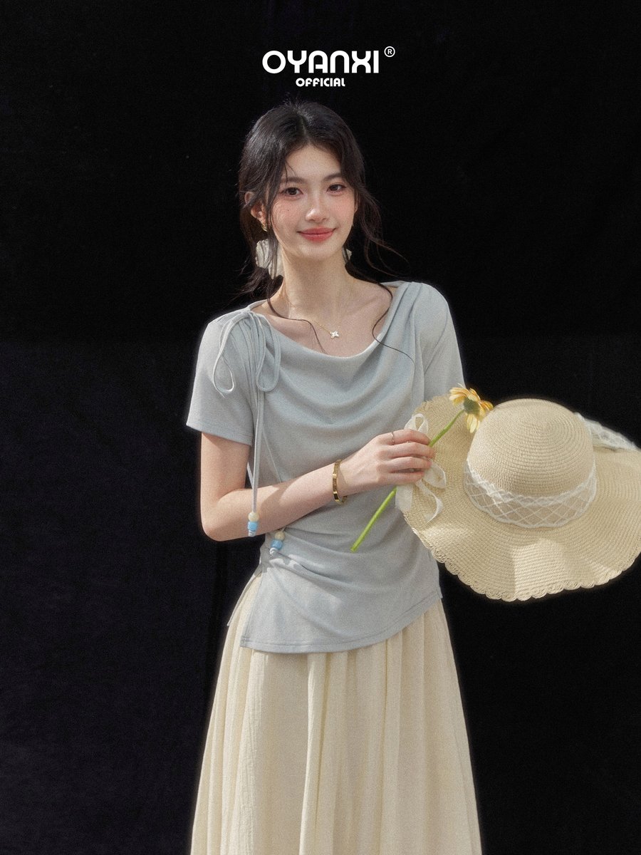 OYANXI ドレープネック ウエストシェイプ 半袖Tシャツ