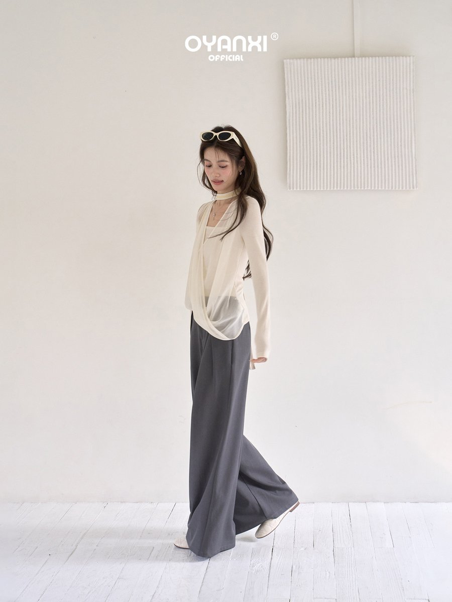 OYANXI チュール ドレープ フェイクレイヤード ホルターネックTシャツ