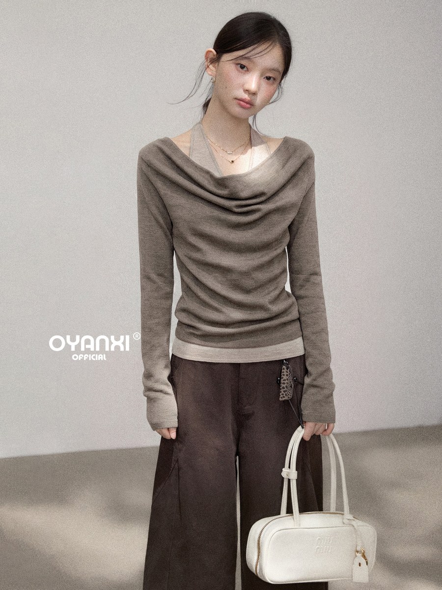 OYANXI ホルター風ドレープネック フェイクレイヤード 長袖ニット
