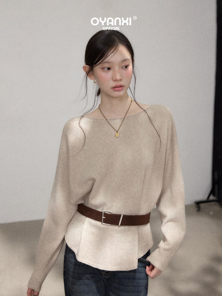 OYANXI ボートネック ベルト付き 長袖ニットトップス