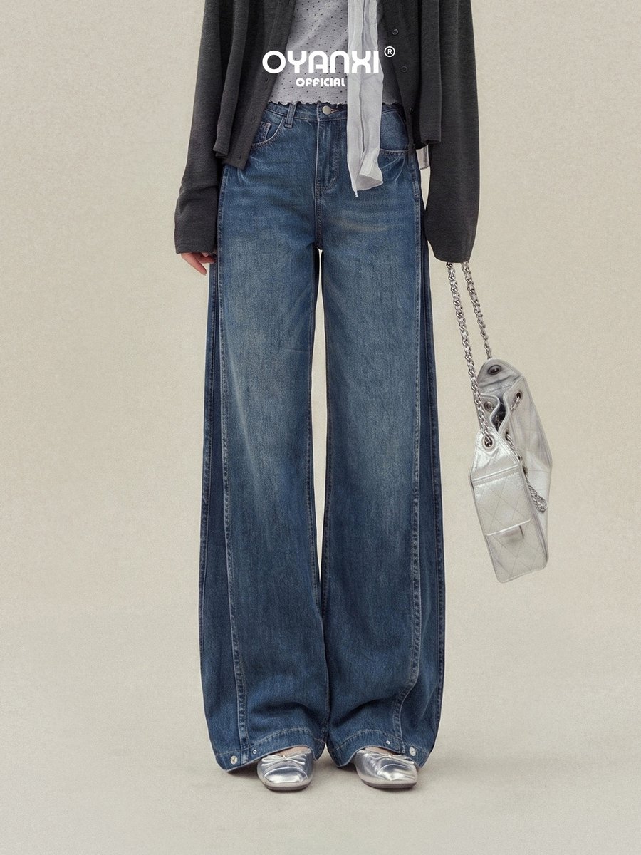 OYANXI レトロブルー 立体サイドシーム ワイドデニムパンツ