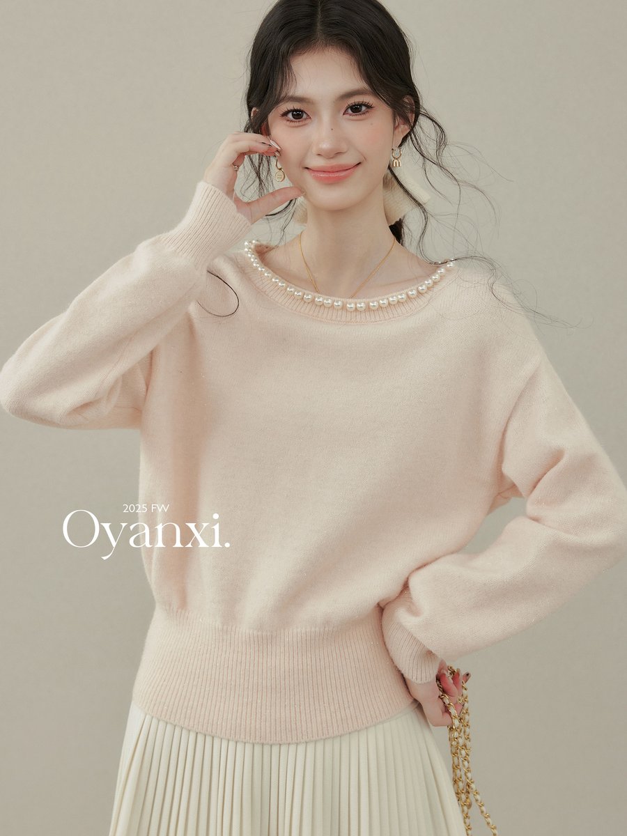 OYANXI パール装飾 クルーネック ニットトップス