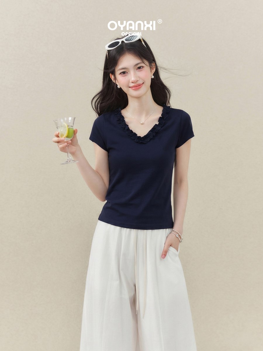 OYANXI フリルトリム Vネック スリム 半袖Tシャツ