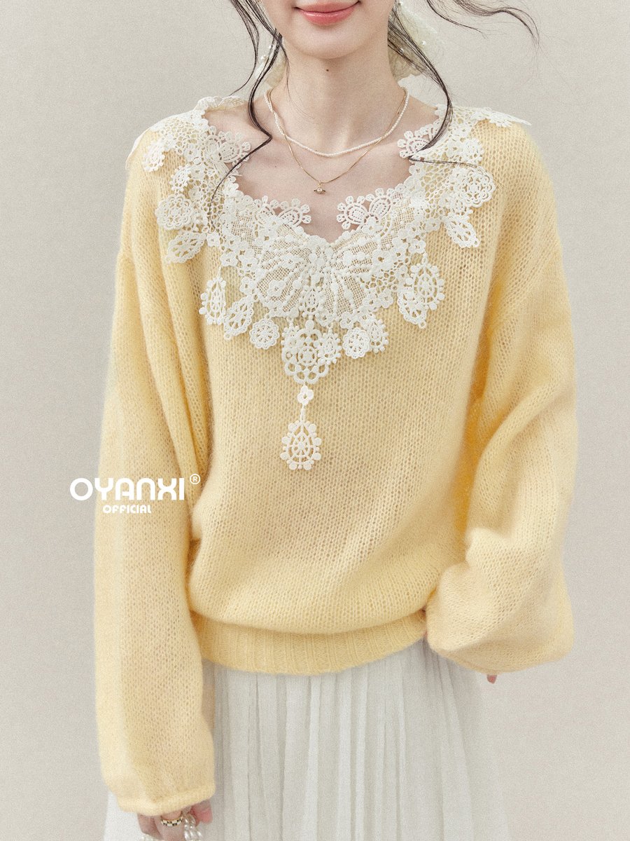 OYANXI レース Vネック ゆったりニット
