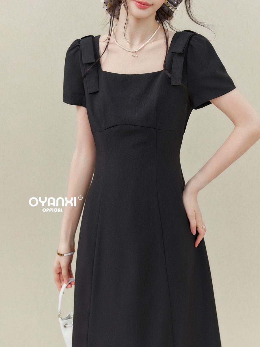 OYANXI スクエアネック パフスリーブ ウエストシェイプ ワンピース