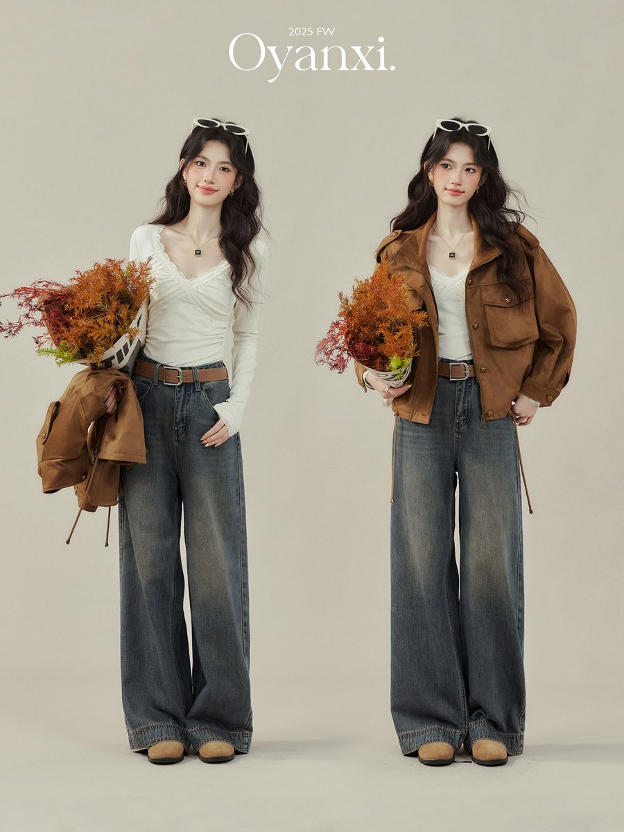 OYANXI ヴィンテージ加工 ストレート ワイドデニムパンツ