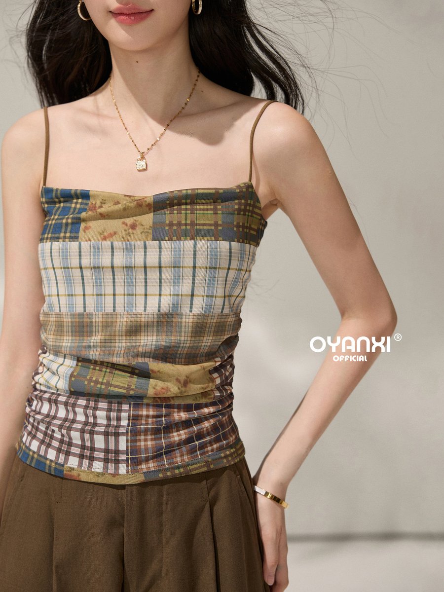 OYANXI チェック柄 メッシュ プリント ショート丈キャミソール