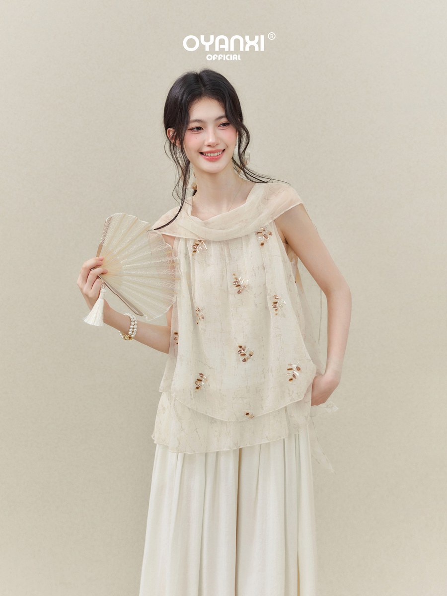 OYANXI 小花柄 ナチュラル ノースリーブトップス