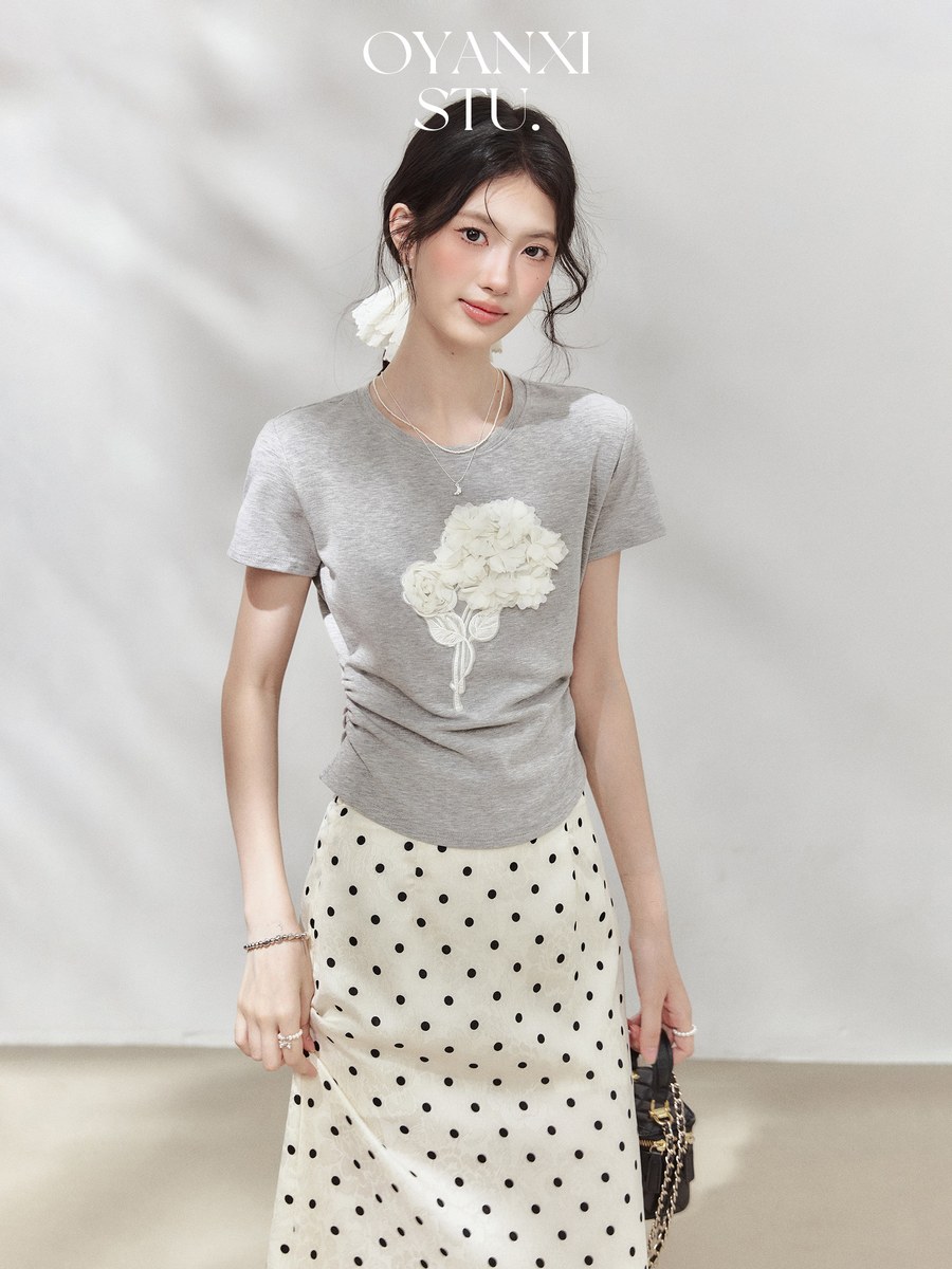 OYANXI 立体フラワー ギャザー 半袖Tシャツ